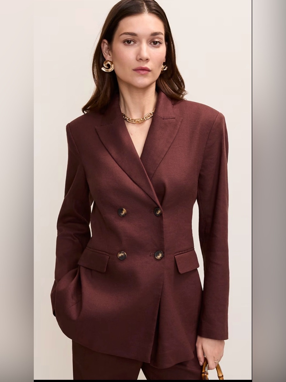 ANN TAYLOR RICH WALNUT LINEN BLEND FITTED LONG DOUBLE BREASTED BLAZER JACKET 16P